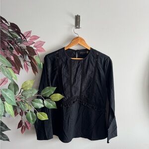 Fra + Gil  linen blend Black Women's Lace-Trim Long Sleeve Top